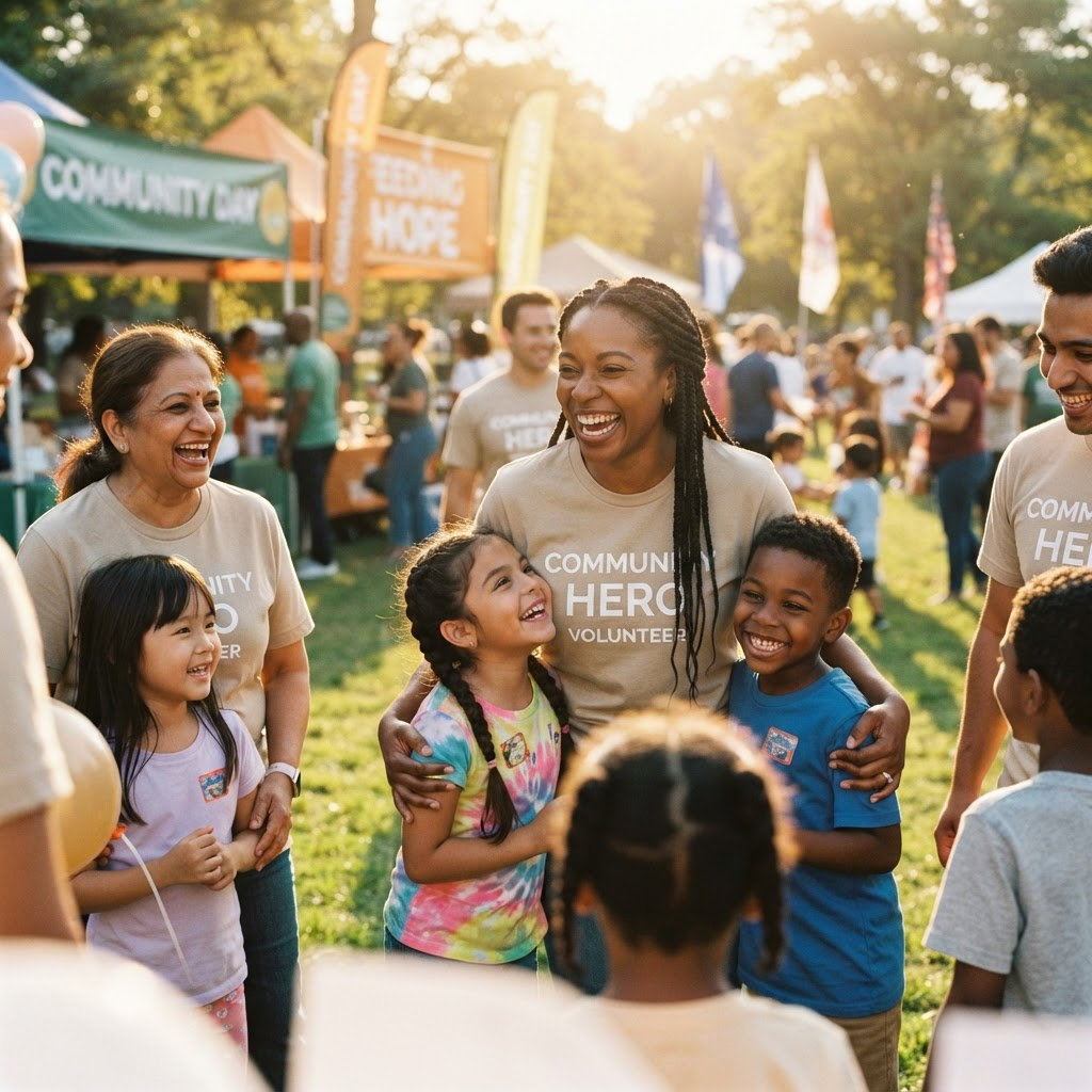 Community volunteers and children smiling together at a Lucille Atwell Foundation outreach event