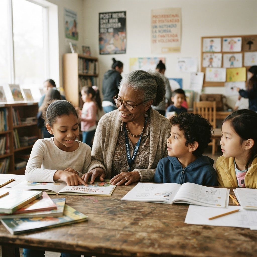 A mentor sharing guidance with young students at a community center